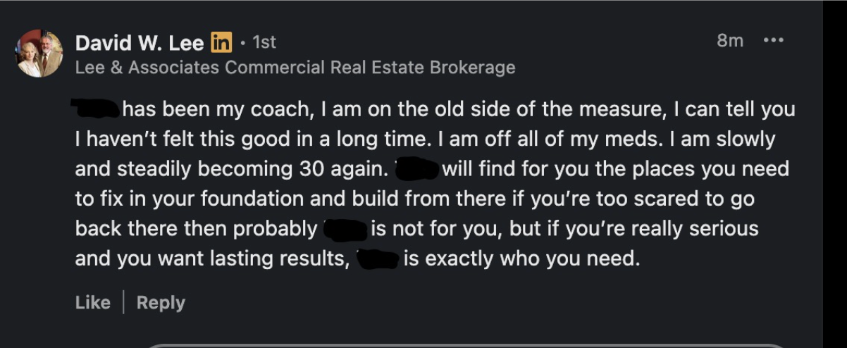 David W. Lee message about feeling the best in a long time and coming off his meds