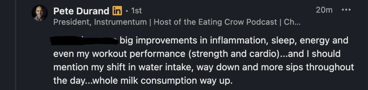 Pete Durand message about improvements in inflammation, sleep, energy and workout performance