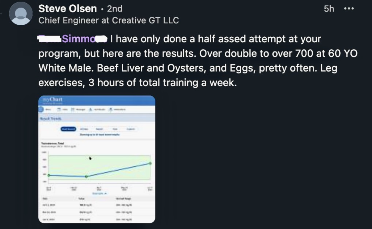 Steve Olsen message with lab trend showing testosterone more than doubled to over 700