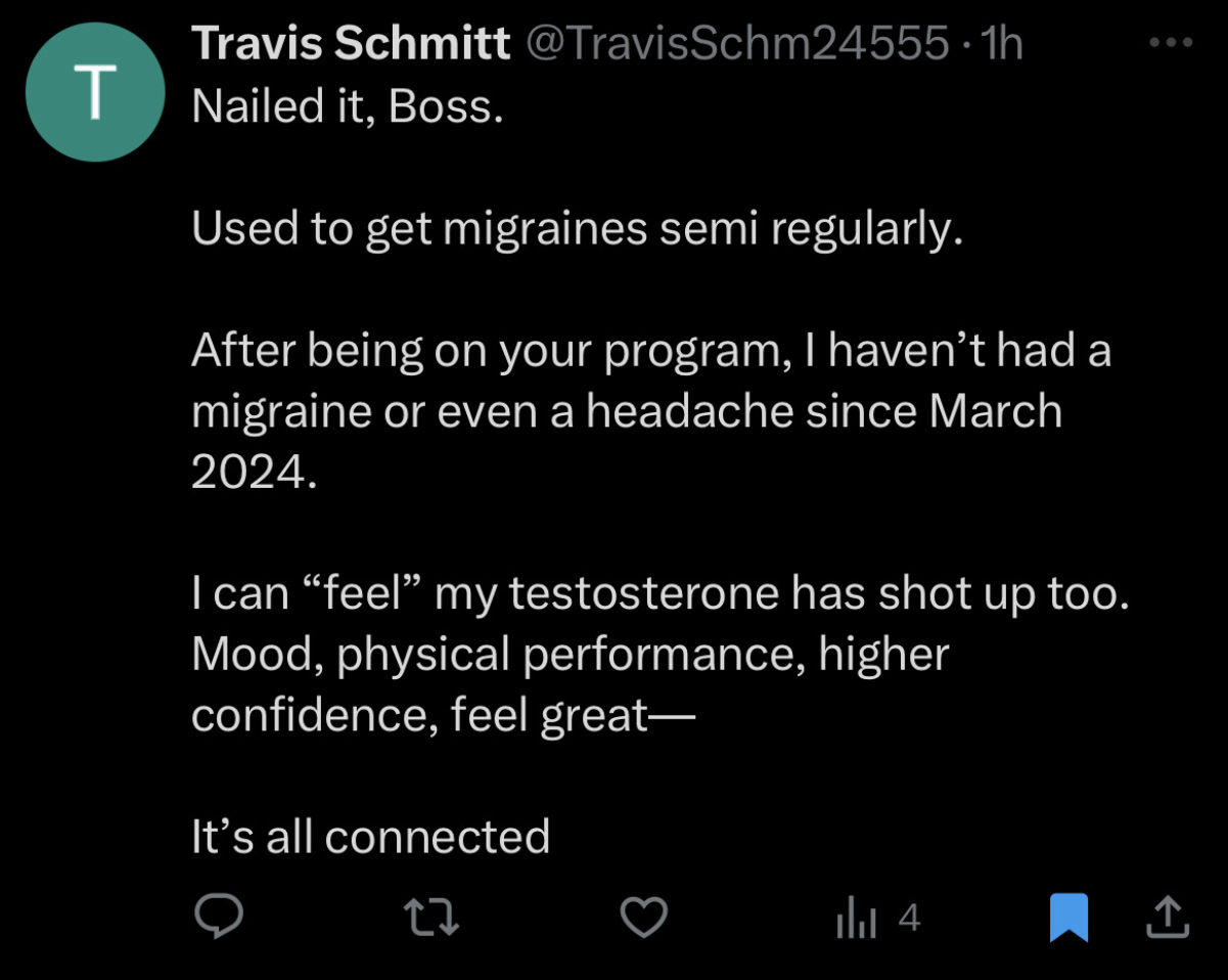 Travis Schmitt message about no migraines since March 2024 and testosterone rising